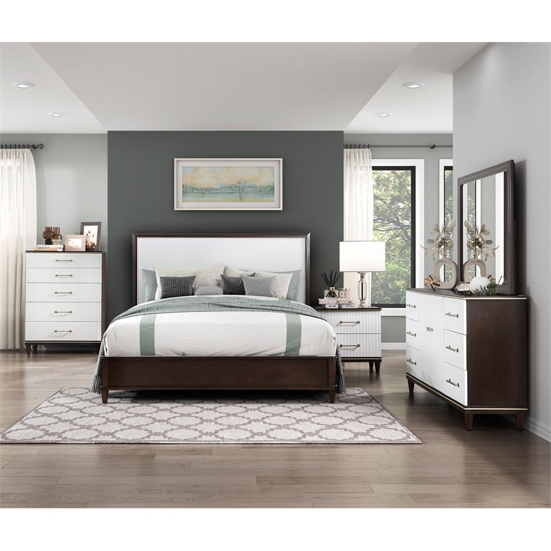 Pemberly Row Wood Queen Bed in 2-Tone with Gold Trim (White & Cherry)