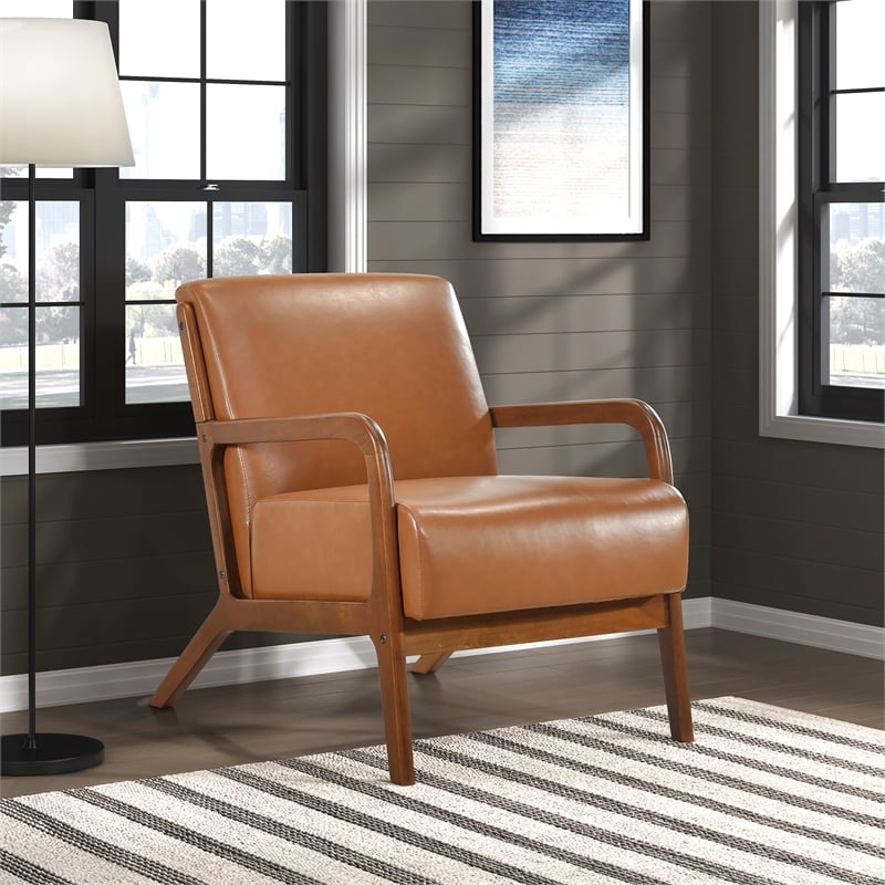 Pemberly Row Mid-Century Faux leather Accent Chair in Matt brown
