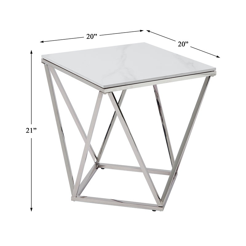 Pemberly Row Contemporary Steel and Stone End Table in Silver