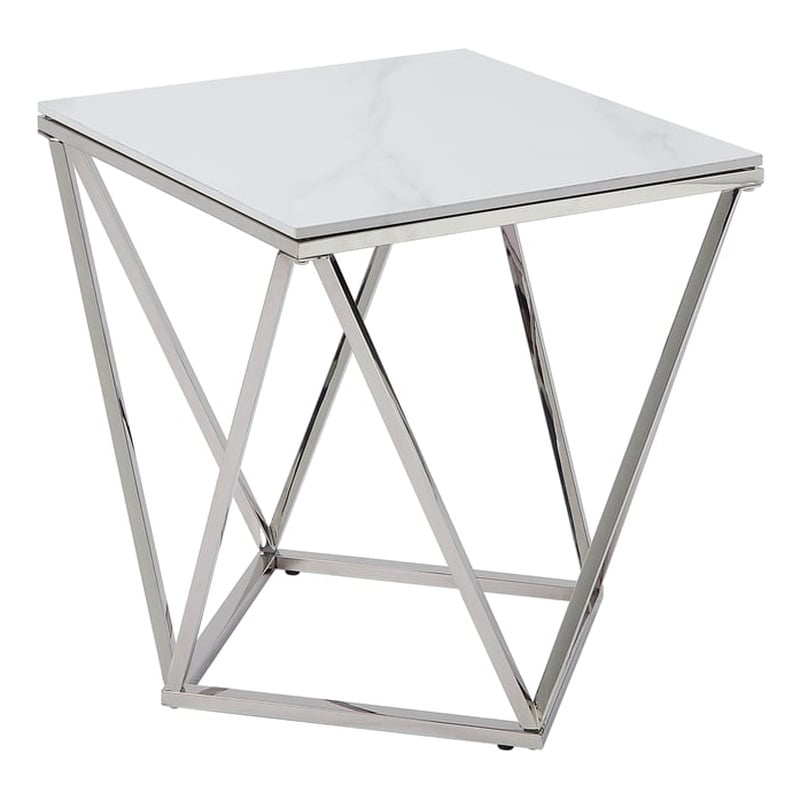Pemberly Row Contemporary Steel and Stone End Table in Silver