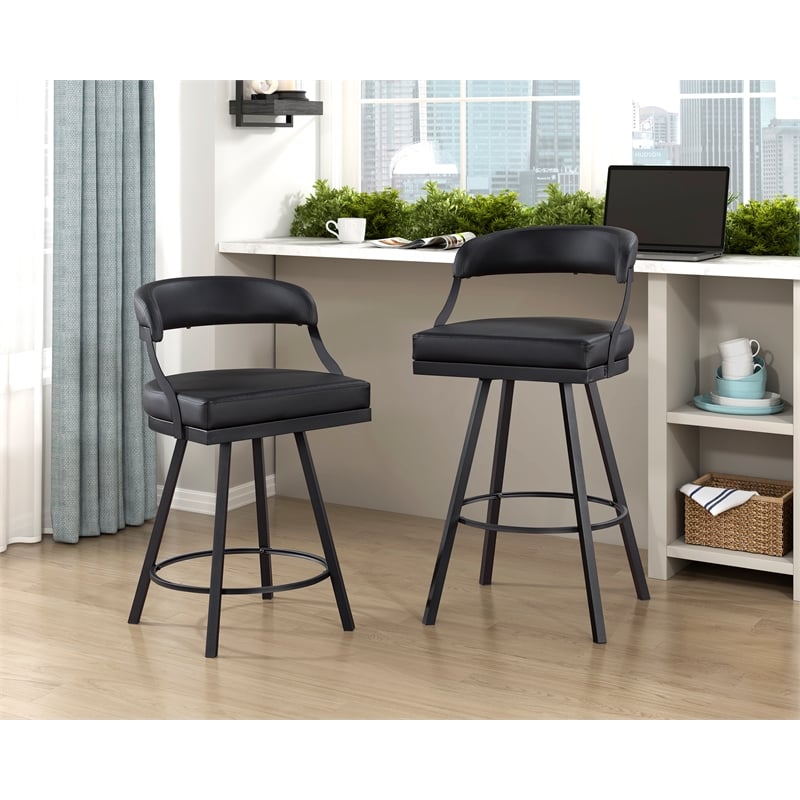 Pemberly Row Metal & Faux leather Set of 2 Swivel Counter Height Chair in Black