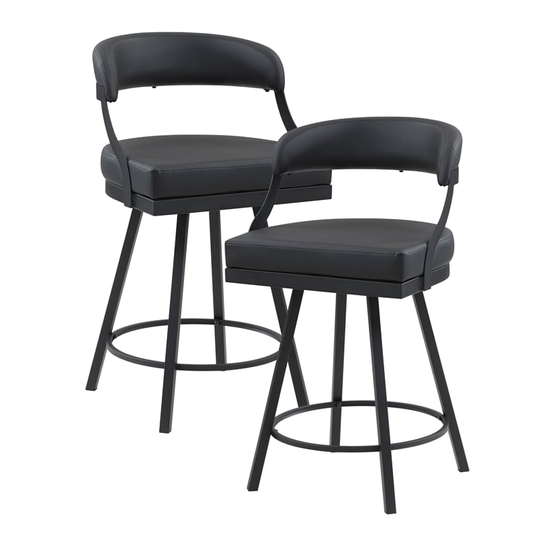 Pemberly Row Metal & Faux leather Set of 2 Swivel Counter Height Chair in Black