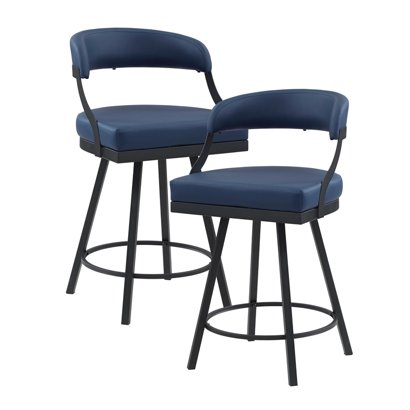 Pemberly Row Metal & Faux leather Set of 2 Swivel Counter Height Chair in Blue
