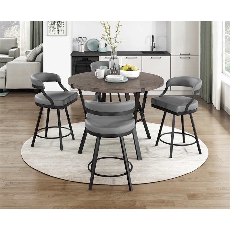 Pemberly Row Metal & Faux leather Set of 2 Swivel Counter Height Chair in Gray