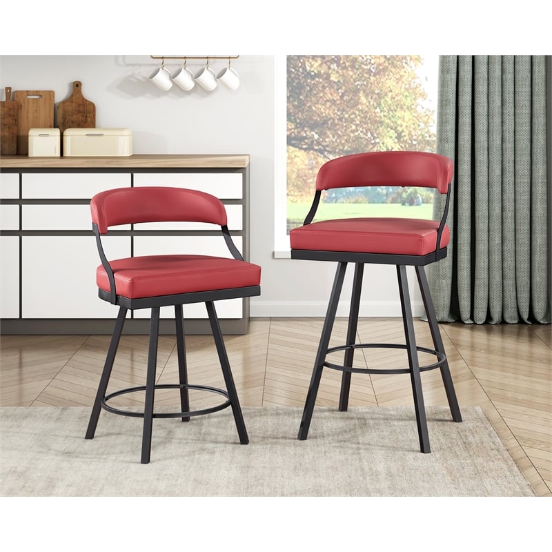 Pemberly Row Metal & Faux leather Set of 2 Swivel Counter Height Chair in Red