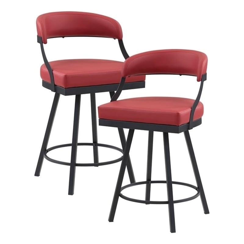 Pemberly Row Metal & Faux leather Set of 2 Swivel Counter Height Chair in Red