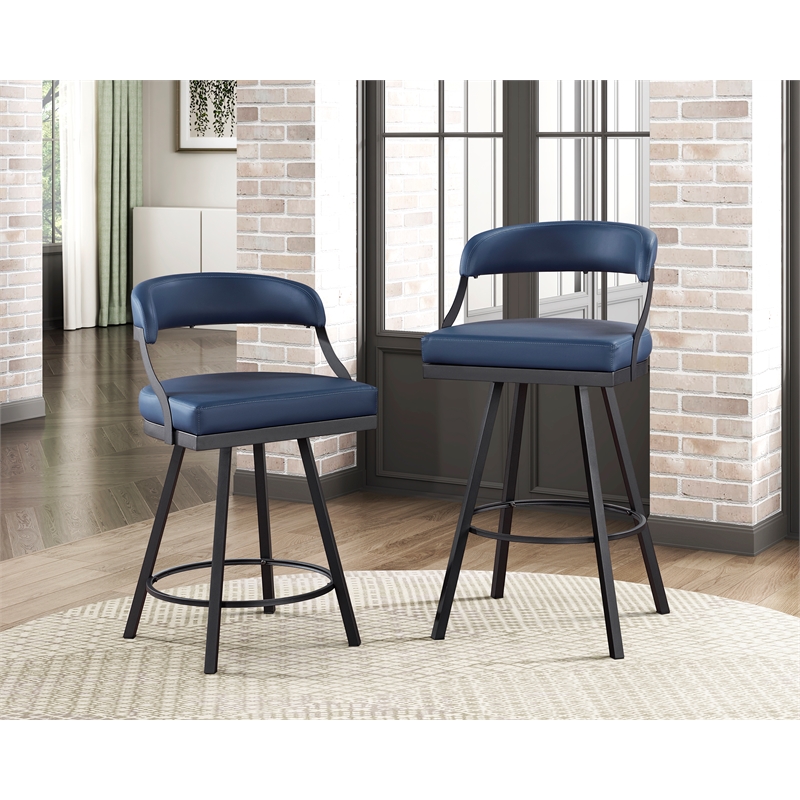 Pemberly Row Metal & Faux Leather Set of 2 Swivel Pub Height Chair in Blue