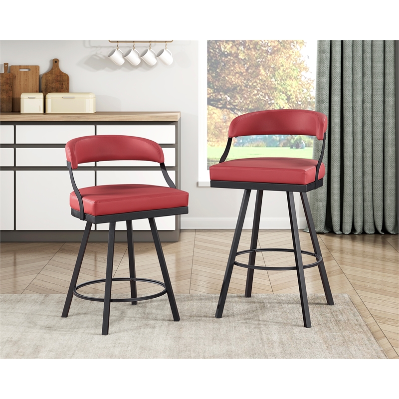Pemberly Row Metal & Faux Leather Set of 2 Swivel Pub Height Chair in Red