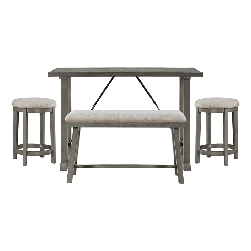 Pemberly Row Textured 4-Piece Dining Set (1 table + 2 stools + 1 bench) in Gray