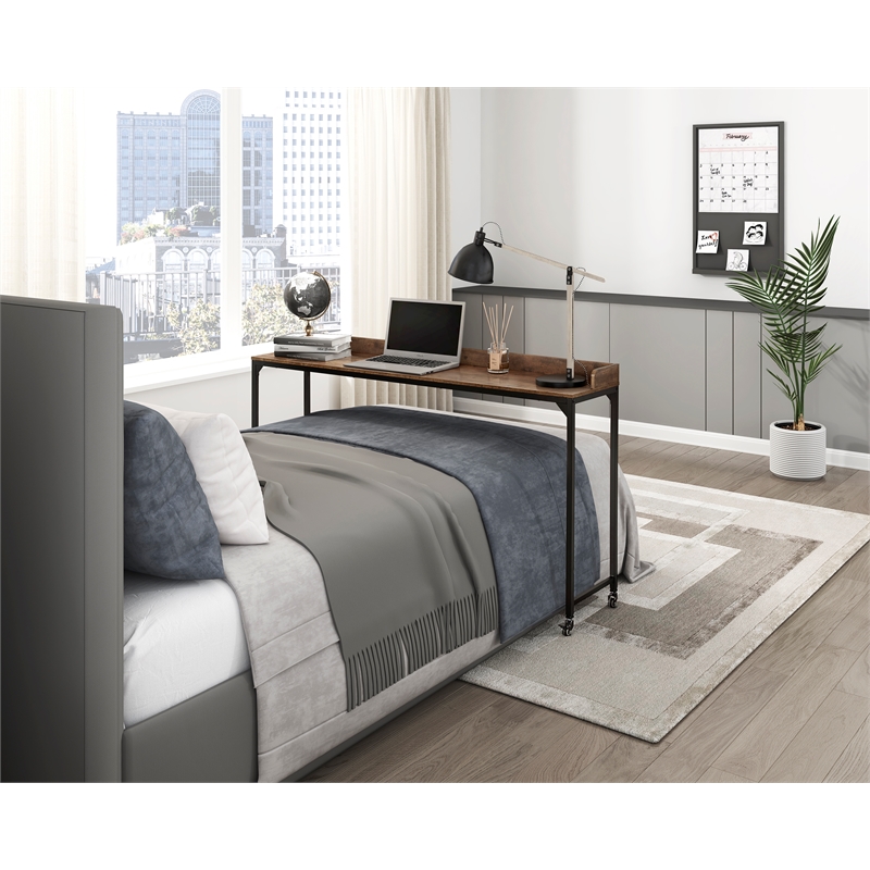 Pemberly Row Adjustable Height Over-The-Bed Desk with Castors in Rustic Brown