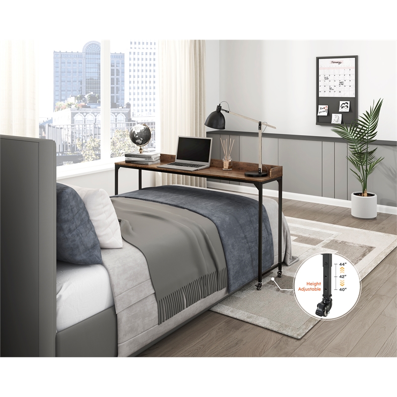 Pemberly Row Adjustable Height Over-The-Bed Desk with Castors in Rustic Brown