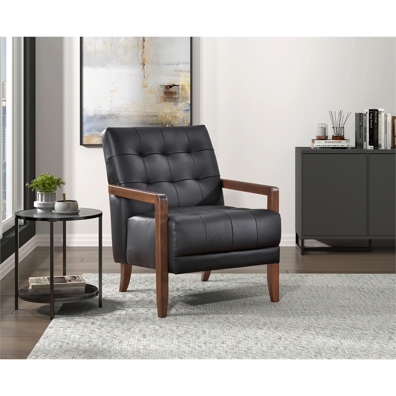 Pemberly Row Mid-Century Leather Accent Chair in Black Finish