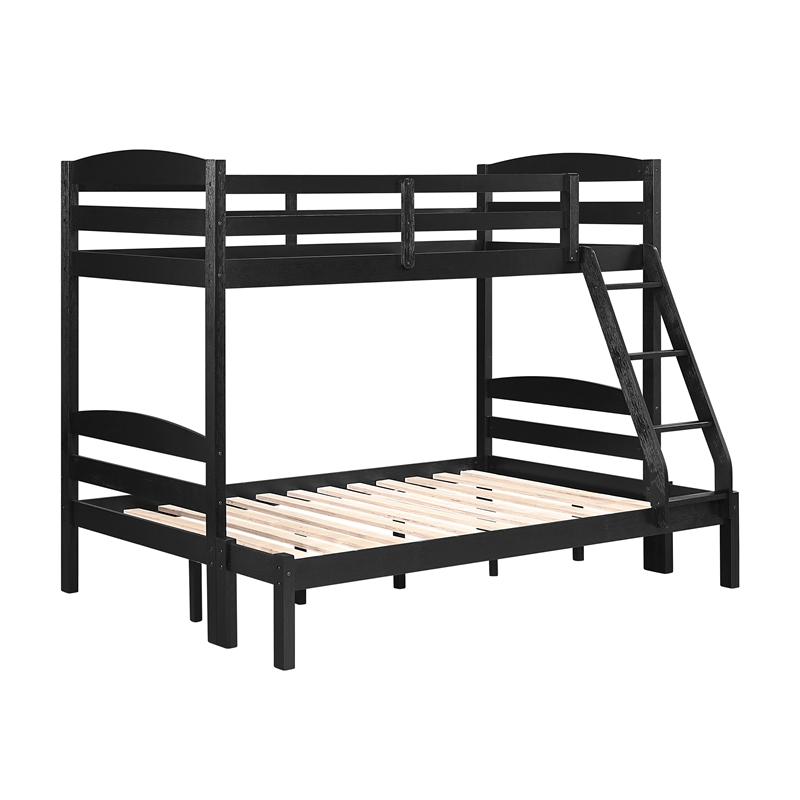 Pemberly Row Asian Hardwood Twin/Full Bunk Bed in Wire Brushed Black