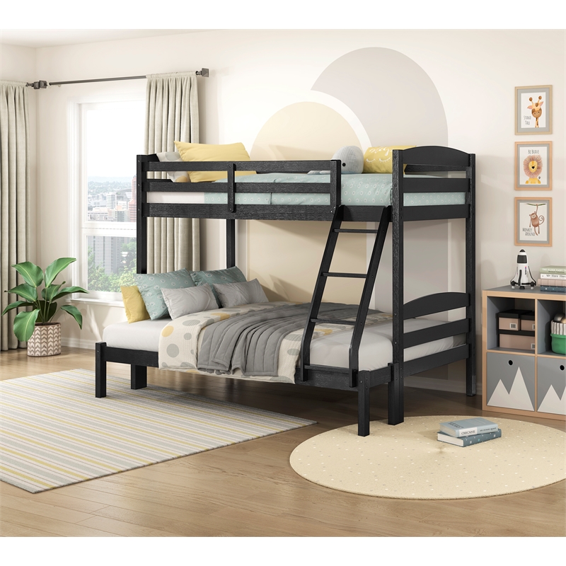 Pemberly Row Asian Hardwood Twin/Full Bunk Bed in Wire Brushed Black