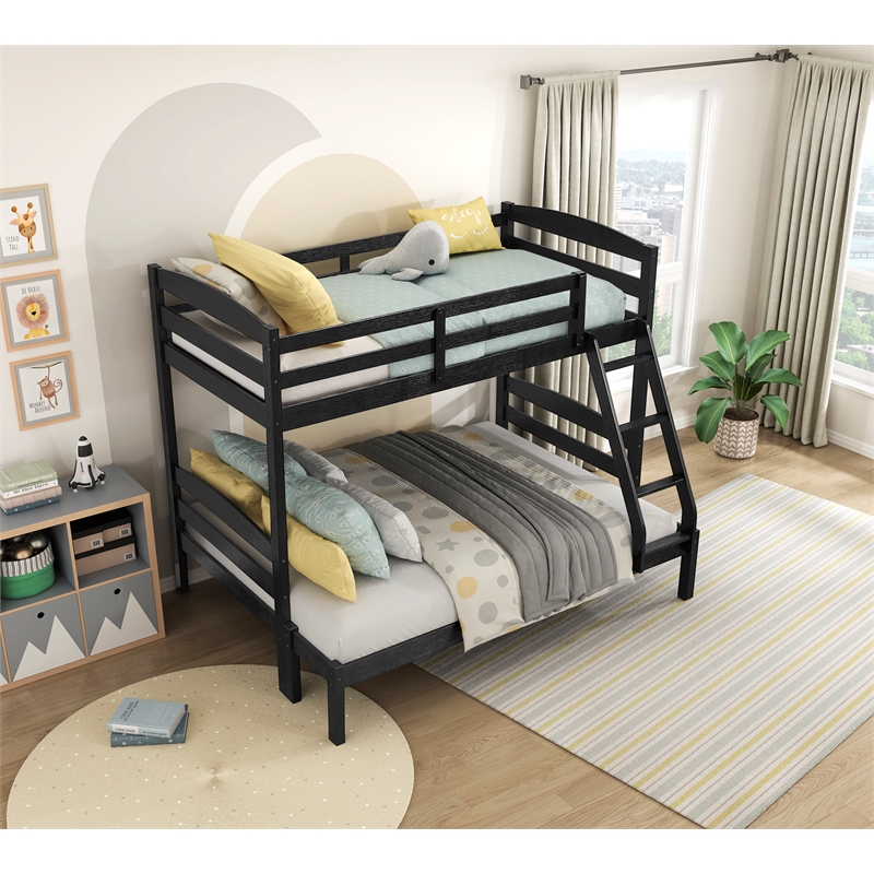 Pemberly Row Asian Hardwood Twin/Full Bunk Bed in Wire Brushed Black