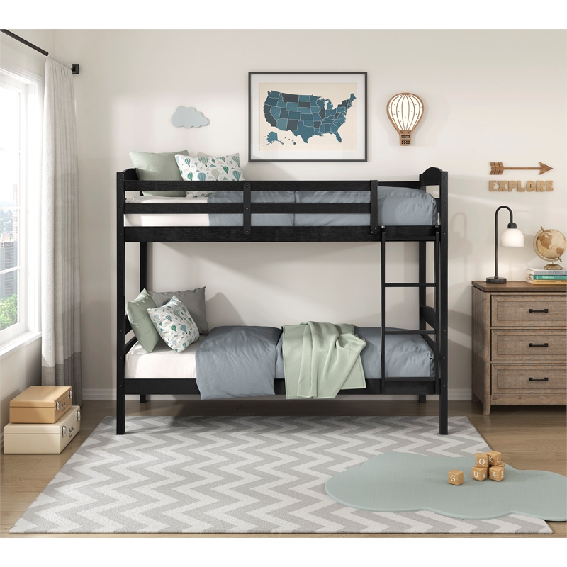 Pemberly Row Asian Hardwood Twin/Twin Bunk Bed in Wire Brushed Black