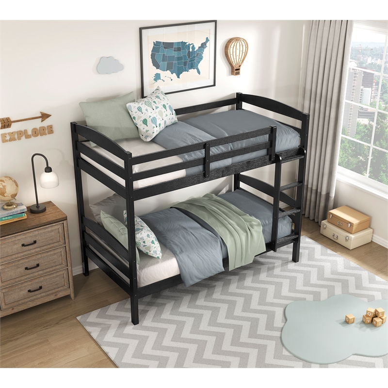 Pemberly Row Asian Hardwood Twin/Twin Bunk Bed in Wire Brushed Black