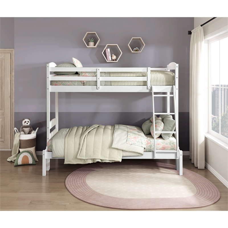 Pemberly Row Asian Hardwood Twin/Full Bunk Bed in Wire Brushed White