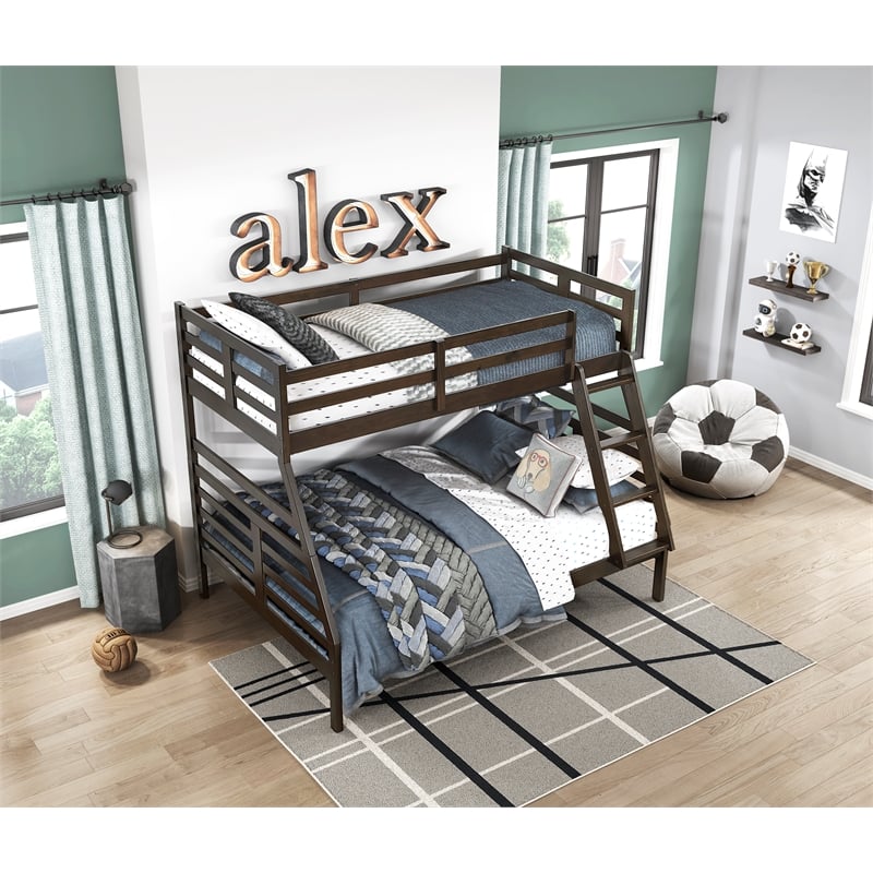 Pemberly Row Contemporary Pine Wood Twin/Full Bunk Bed in Dark Brown
