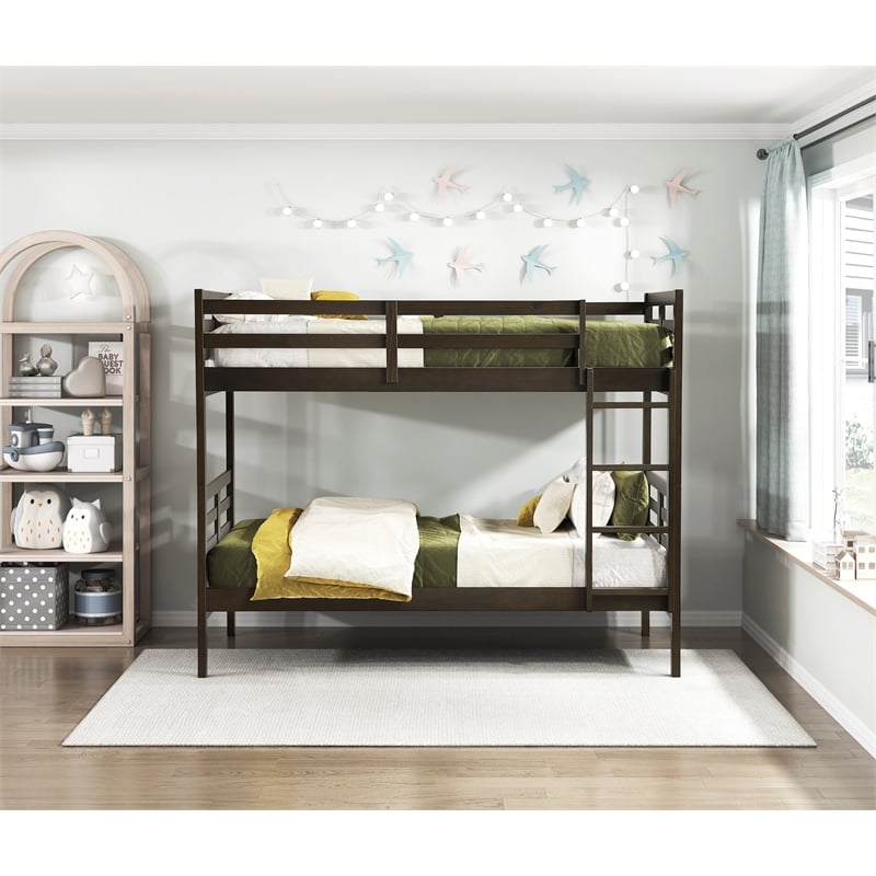 Pemberly Row Pine Wood Twin/Twin Bunk Bed in Dark Brown Finish