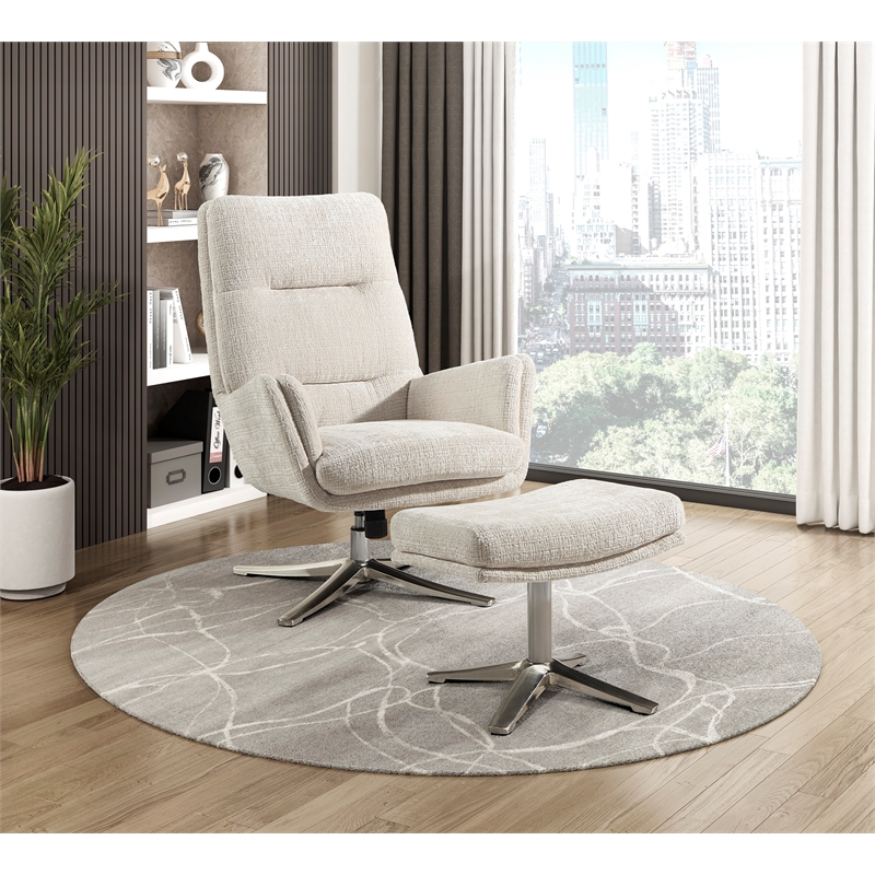 Pemberly Row Contemporary Chenille Swivel Chair with Ottoman in Beige