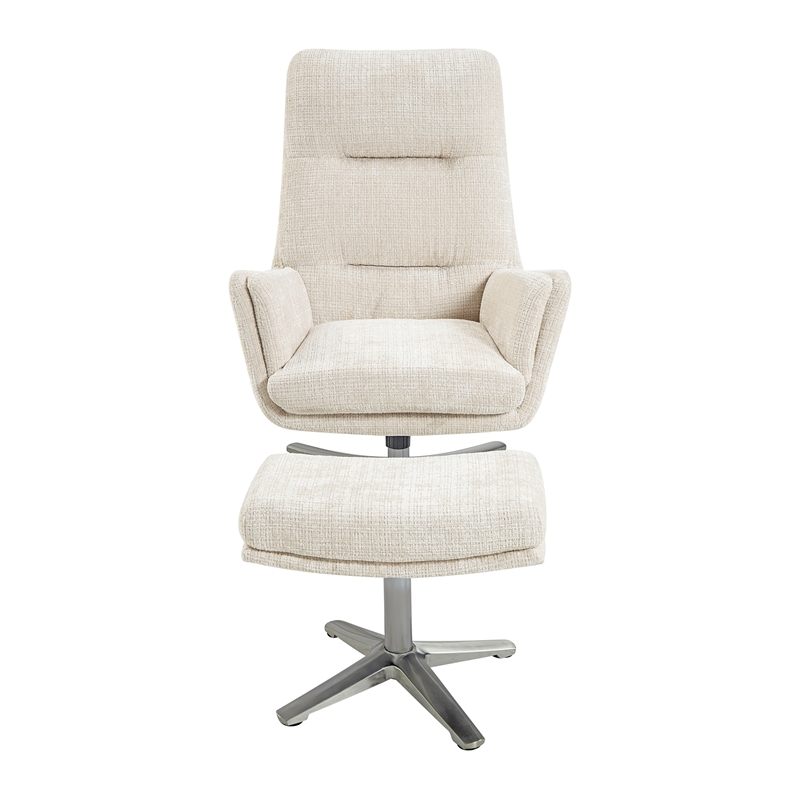Pemberly Row Contemporary Chenille Swivel Chair with Ottoman in Beige