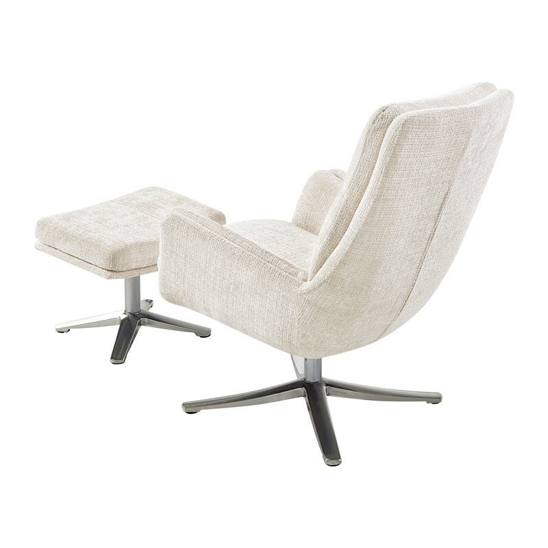 Pemberly Row Contemporary Chenille Swivel Chair with Ottoman in Beige