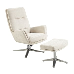 Pemberly Row Contemporary Chenille Swivel Chair with Ottoman in Beige