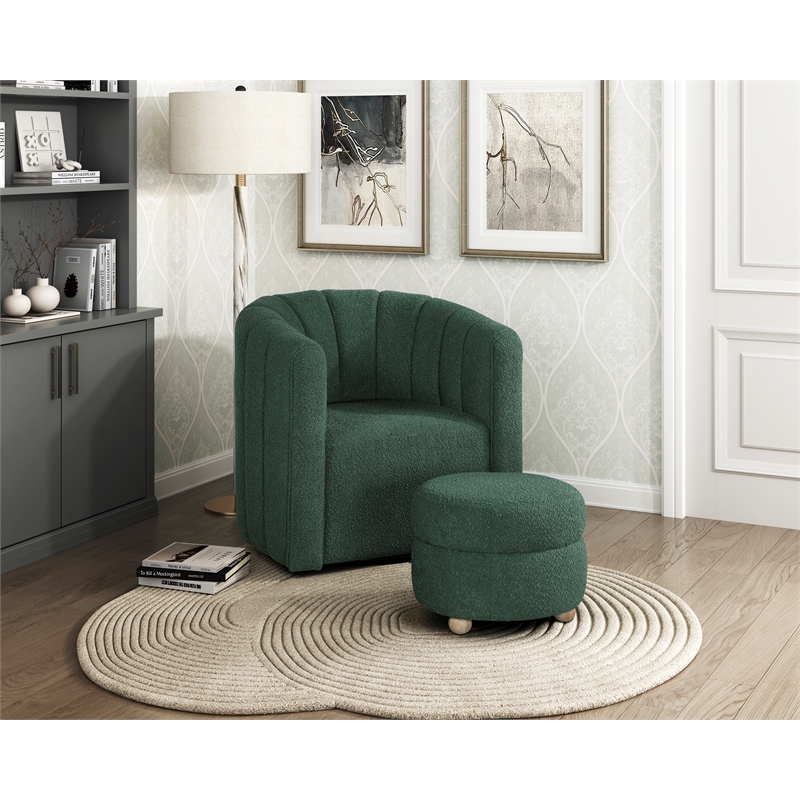 Pemberly Row Contemporary Boucle Swivel Chair with Ottoman in Green