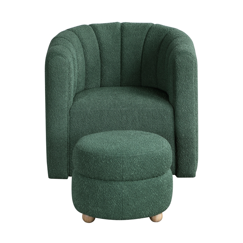Pemberly Row Contemporary Boucle Swivel Chair with Ottoman in Green