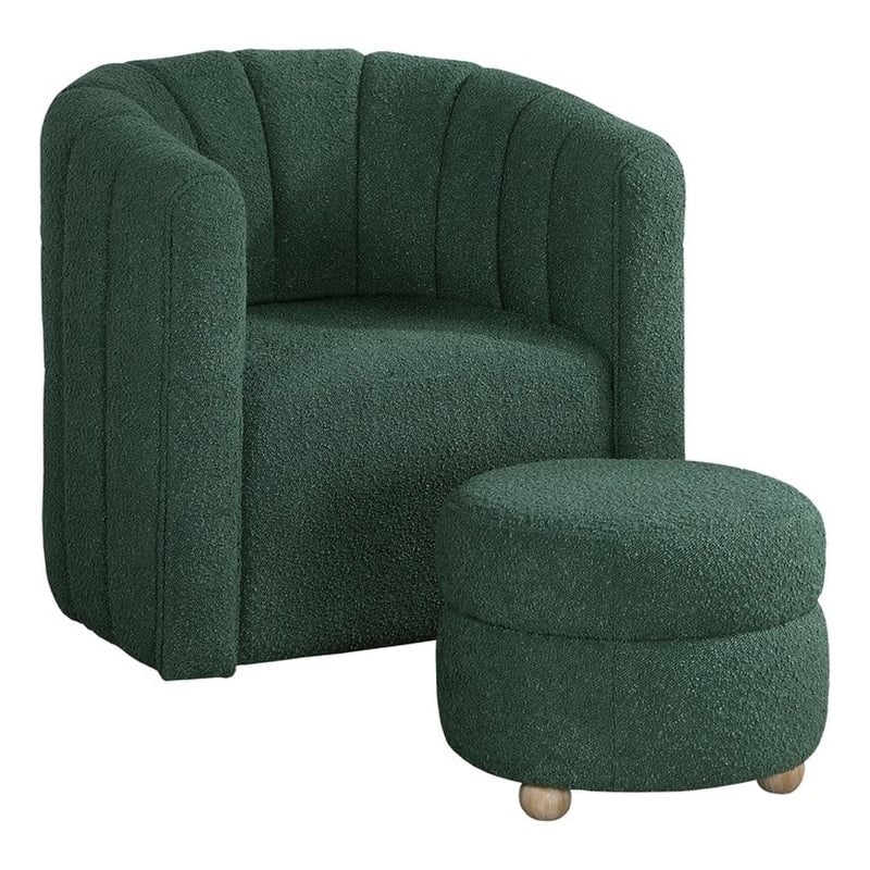 Pemberly Row Contemporary Boucle Swivel Chair with Ottoman in Green