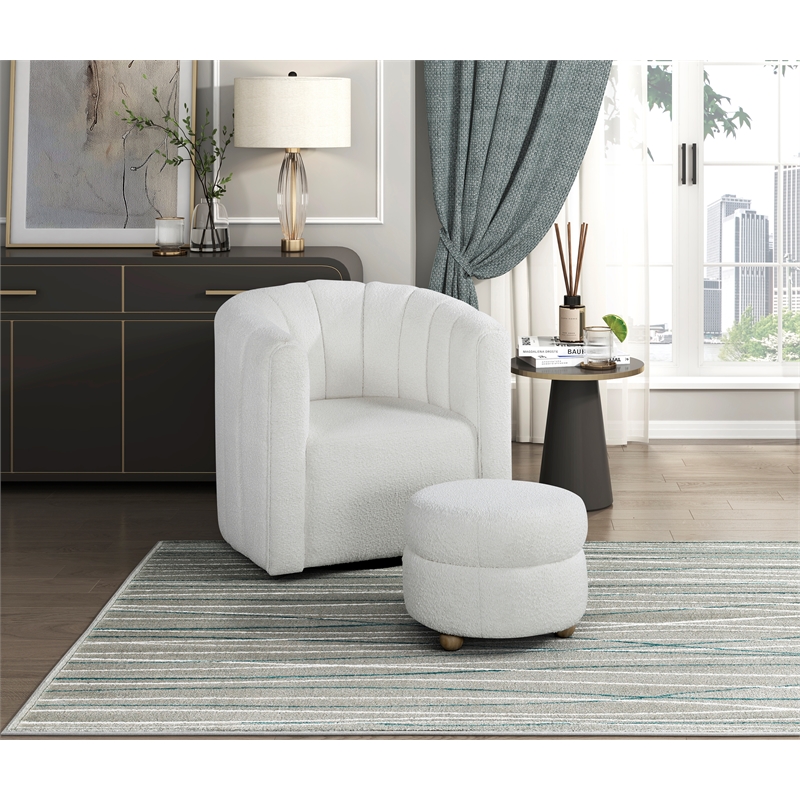 Pemberly Row Boucle Fabric Swivel Chair with Ottoman in White