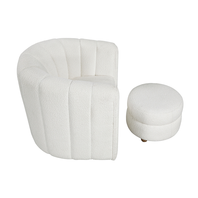 Pemberly Row Boucle Fabric Swivel Chair with Ottoman in White