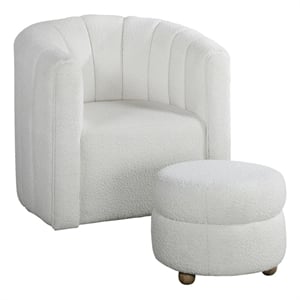 Pemberly Row Boucle Fabric Swivel Chair with Ottoman in White