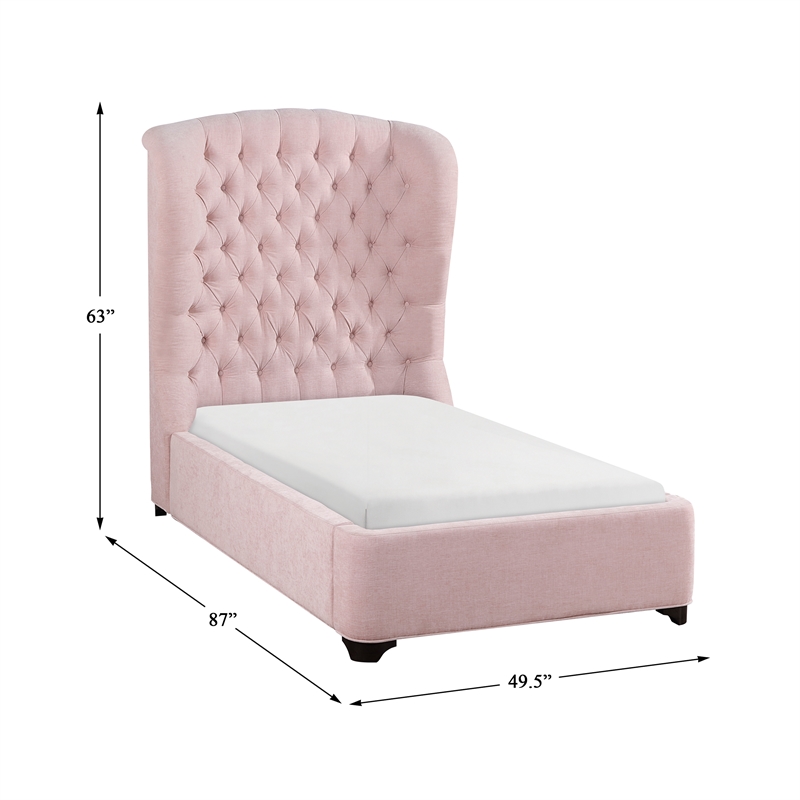 Pemberly Row Contemporary Chenille Twin Upholstery Bed in Pink