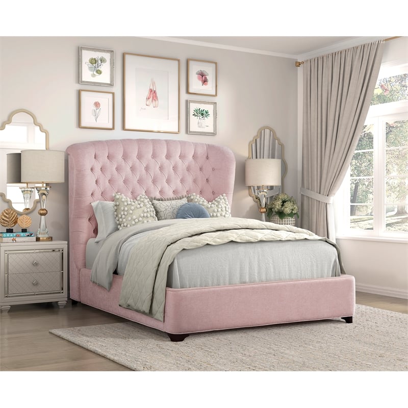 Pemberly Row Chenille California King Upholstery Bed in Pink