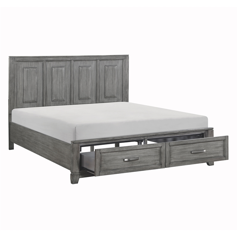 Pemberly Row Acacia Eastern King Platform Bed w Footboard Storage in Gray