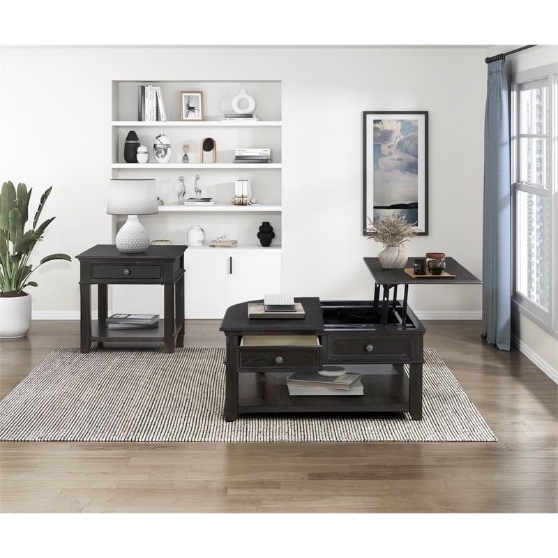 Pemberly Row Traditional Solid Wood End Table in Charcoal Finish