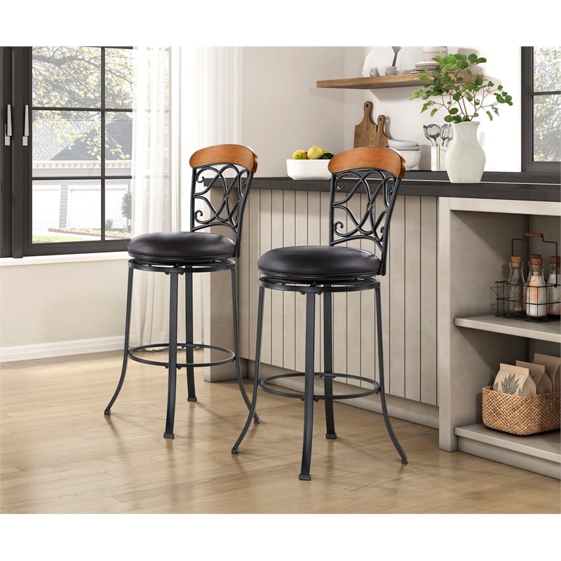 Pemberly Row Contemporary Faux Leather Swivel Pub Height Chair in Brown