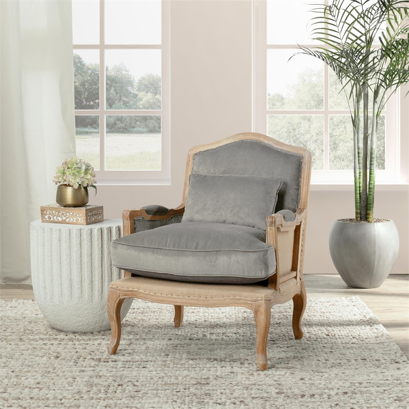 Pemberly Row Transitional Fabric and Wood Club Chair in Gray and Natural