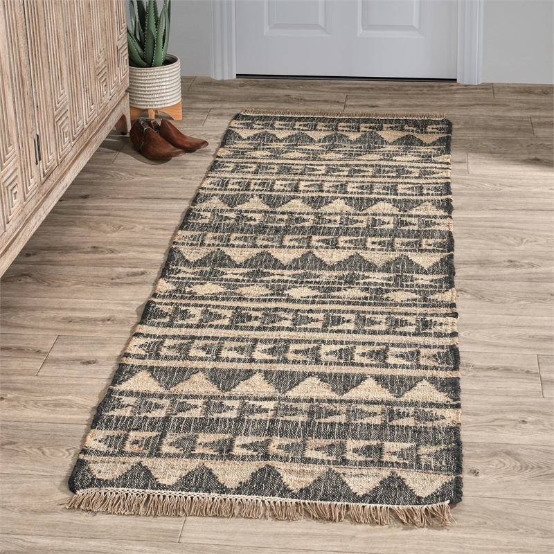 Pemberly Row 2.6' x 8' Modern Tribal Jute & Cotton Runner Rug in Black