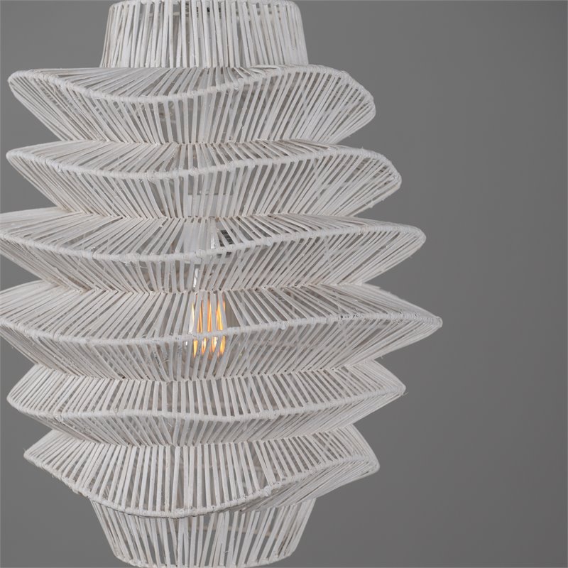Pemberly Row 1-Light Iron and Rattan Woven Pendant in White Finish