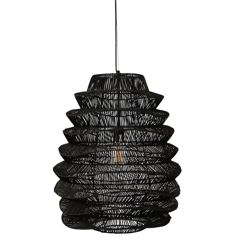 Pemberly Row 1-Light Iron Metal and Rattan Woven Pendant in Black