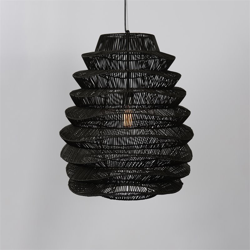 Pemberly Row 1-Light Iron Metal and Rattan Woven Pendant in Black
