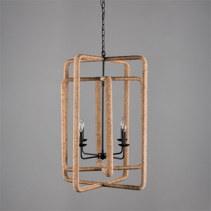 Pemberly Row 4-Light Iron Metal and Rope Chandelier in Natural/Black