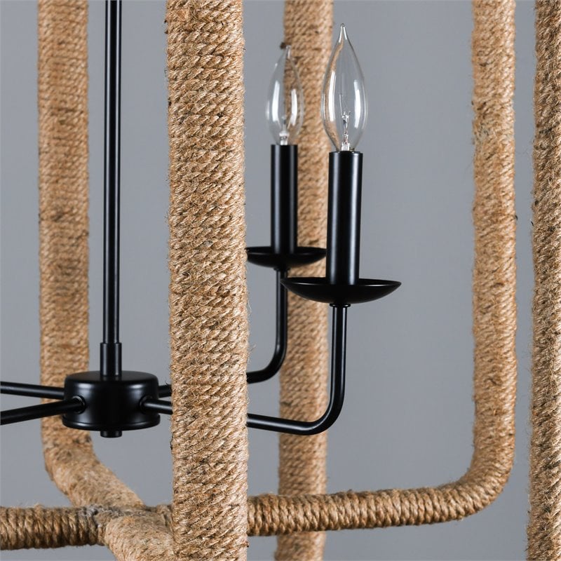 Pemberly Row 4-Light Iron Metal and Rope Chandelier in Natural/Black