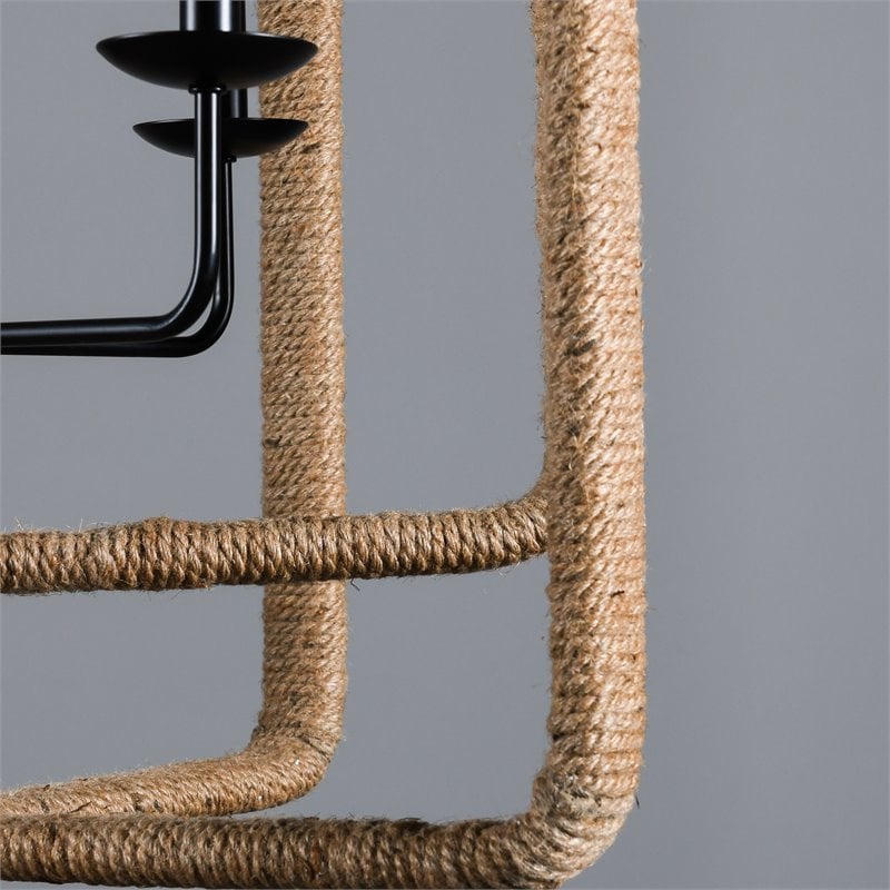 Pemberly Row 4-Light Iron Metal and Rope Chandelier in Natural/Black