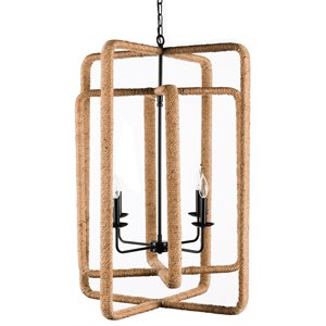 Pemberly Row 4-Light Iron Metal and Rope Chandelier in Natural/Black