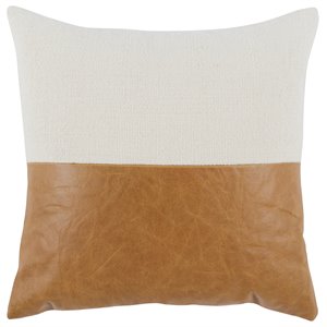Pemberly Row 20x20&quot Square Leather and Cotton Throw Pillow in Ivory/Chestnut