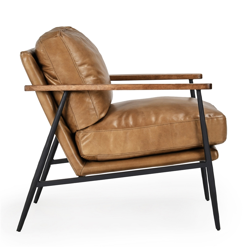 Pemberly Row Cushion Back Transitional Leather Club Chair in Tan/Black